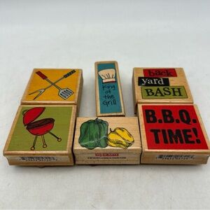 Lot Of 6 Vtg Grilling & Barbecue Themed Wooden Rubber Stamps (grill, Peppers)